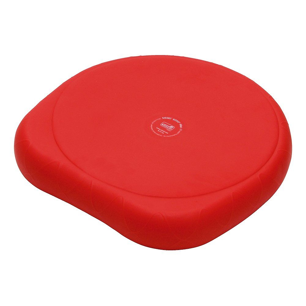 Roter, runder Sitzball mit einer Aussparung. Kleines Logo in der Mitte. Oberseite aus Gummi.