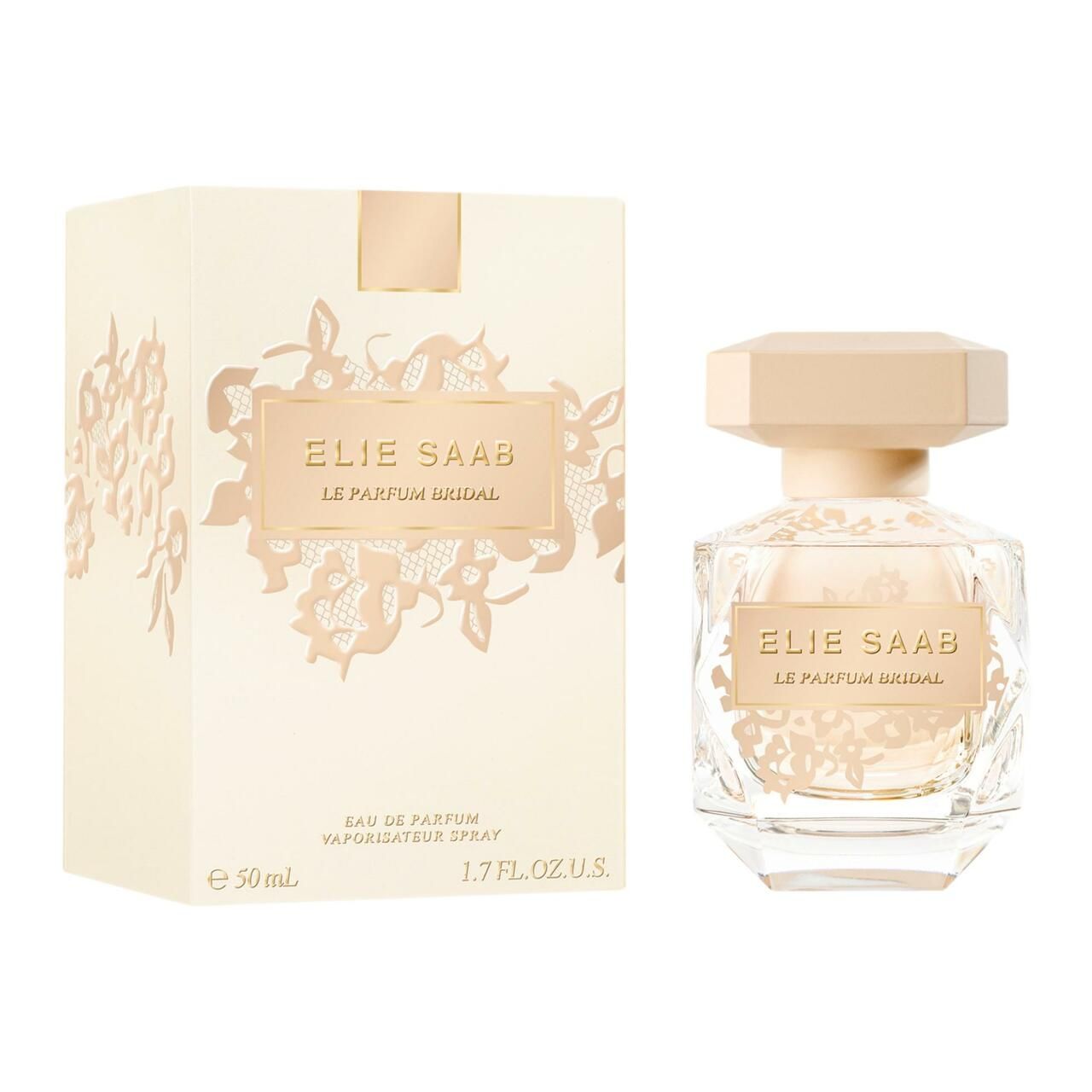 Flakon und Verpackung. Verpackung mit Aufschrift: ELIE SAAB, LE PARFUM BRIDAL. Flakon daneben.