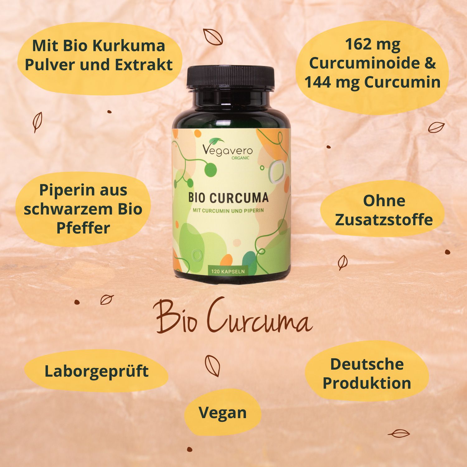 Flasche Bio Curcuma mit Text. Informationen: Kurkuma-Pulver, Piperin, 162mg Curcuminoide, ohne Zusatzstoffe, vegan.