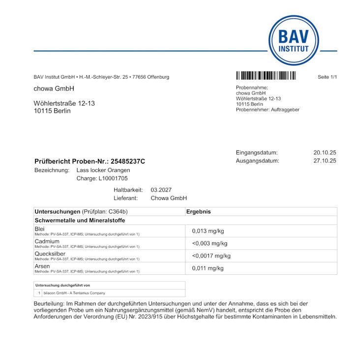 Prüfbericht des BAV Instituts. Bezeichnung: Lass locker Orangen. Ergebnisse: Schwermetalle und Mineralstoffe.