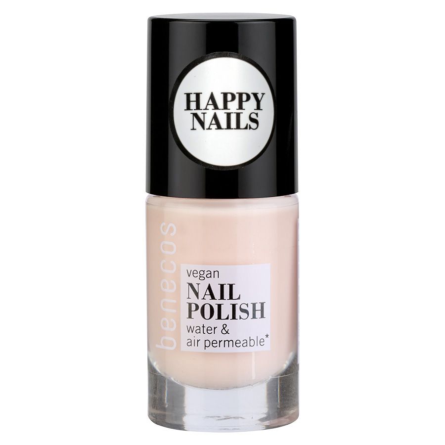 Benecos Nagellack 'be my baby': vegan, wasser- und luftdurchlässig in einem Glasfläschchen mit schwarzem Deckel.
