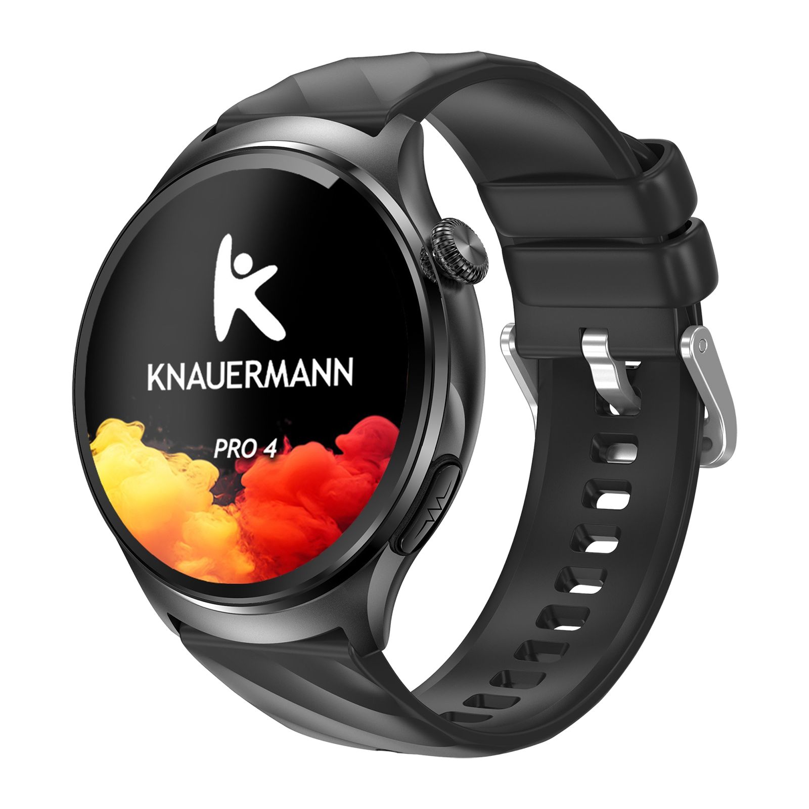 Schwarze Smartwatch Knauermann PRO 4 mit rundem Zifferblatt. Logo und Produktname sichtbar. Schwarzes Armband.