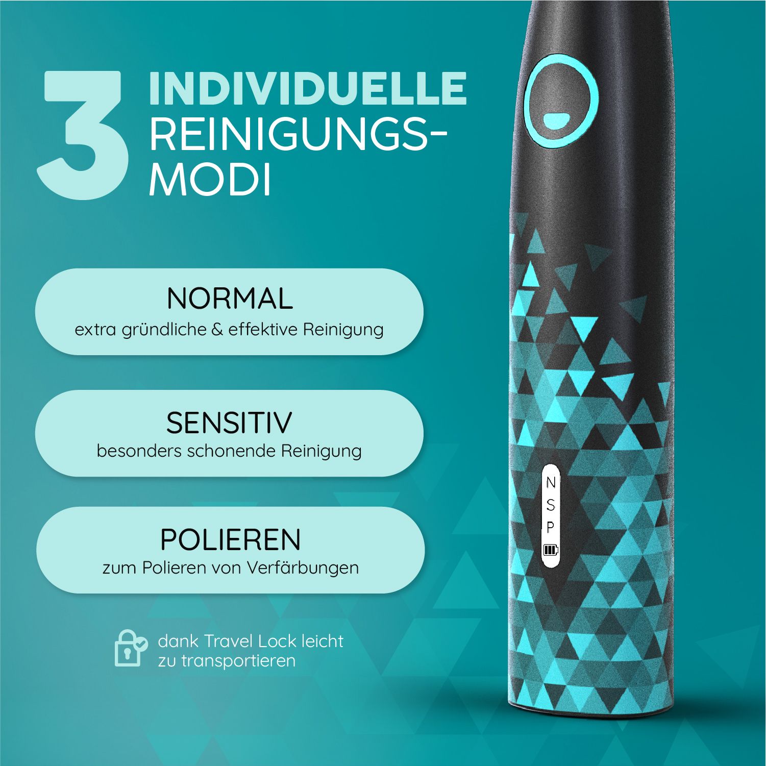 Nahaufnahme der Schallzahnbürste. 3 Reinigungsmodi: Normal, Sensitiv, Polieren. Mit Travel Lock. Türkis-schwarzes Design.