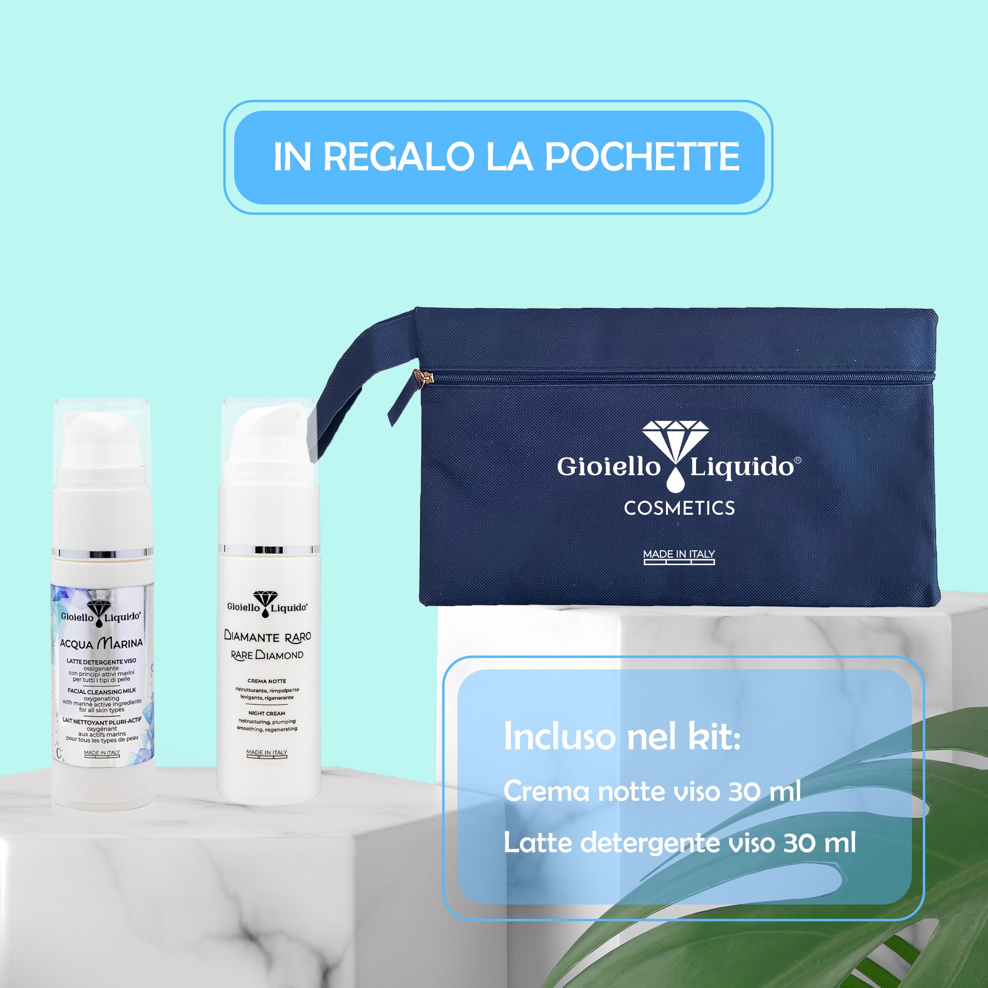Kosmetiktasche mit zwei Cremes und Text. Die Tasche ist blau und trägt den Schriftzug "Gioiello Liquido Cosmetics". Die Cremes sind weiß.