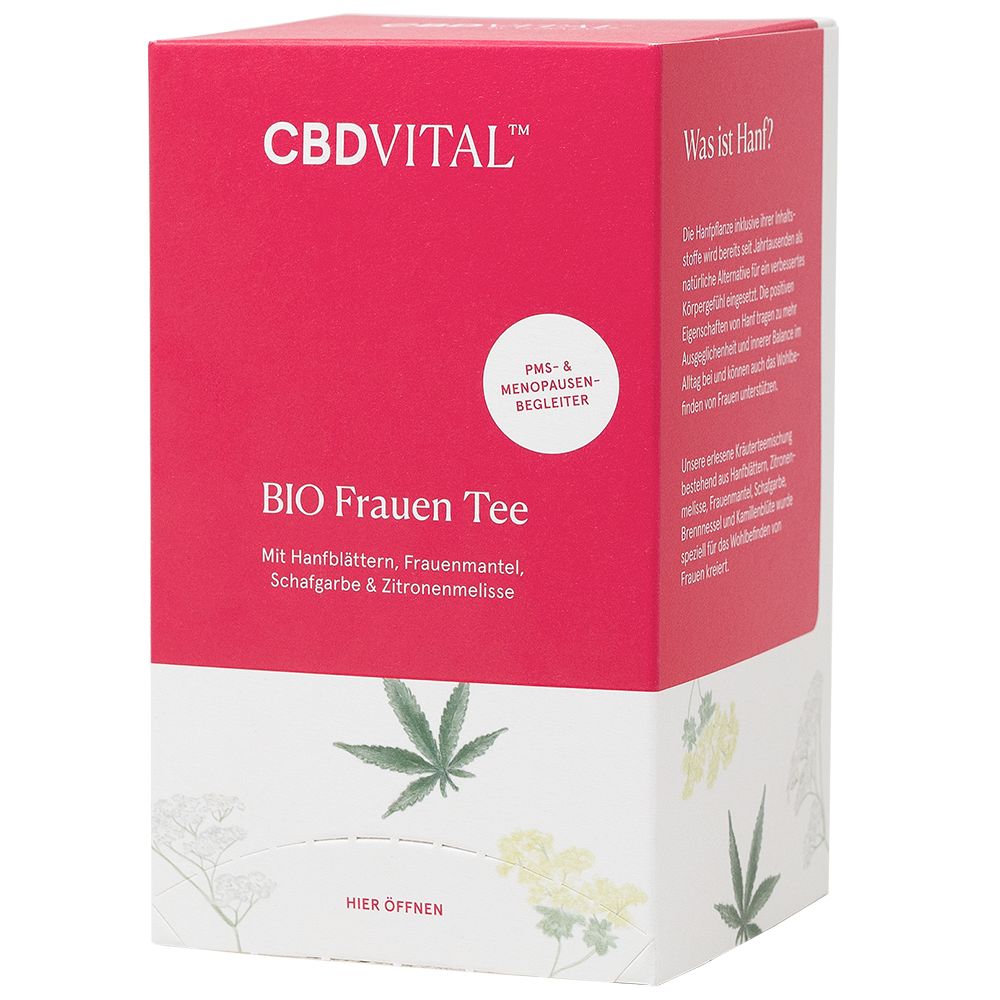 Rote Verpackung mit CBD Vital Logo. Enthält BIO Frauen Tee. Produktinformationen und Illustrationen von Pflanzen.