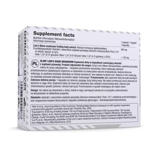 Rückseite der Verpackung. Text: Nährwertinformationen, Zutaten, Olimp Lion's Mane Mushroom, Fruchtkörperextrakt, Beta-1,3/1,6-D-Glucane.