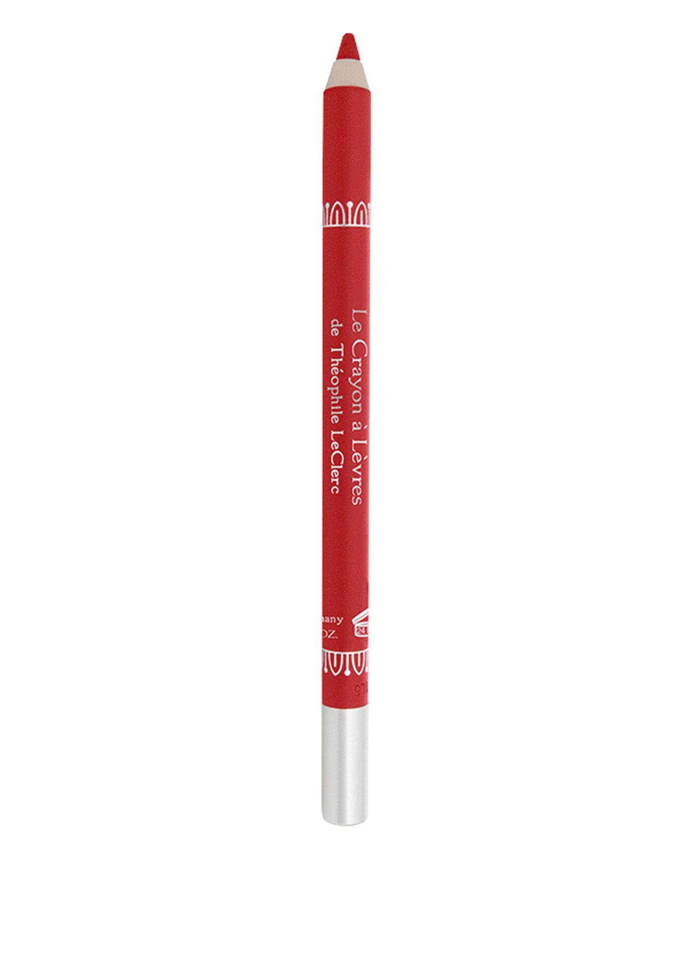 Roter Lippenkonturenstift. Zylindrische Form mit silberner Spitze. Aufschrift: Le Crayon à Lèvres de Théophile LeClerc.
