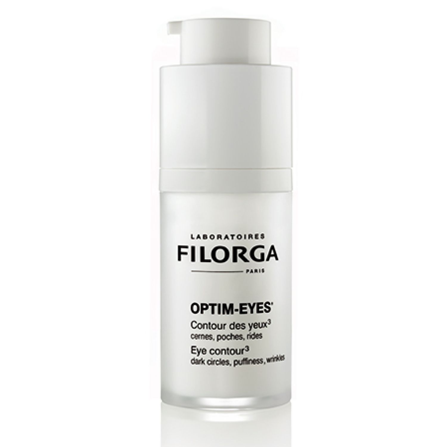 Weißer Filorga Optim-Eyes Augenkonturen Pflege-Spender. Mit Pumpkopf und Produktbezeichnung.