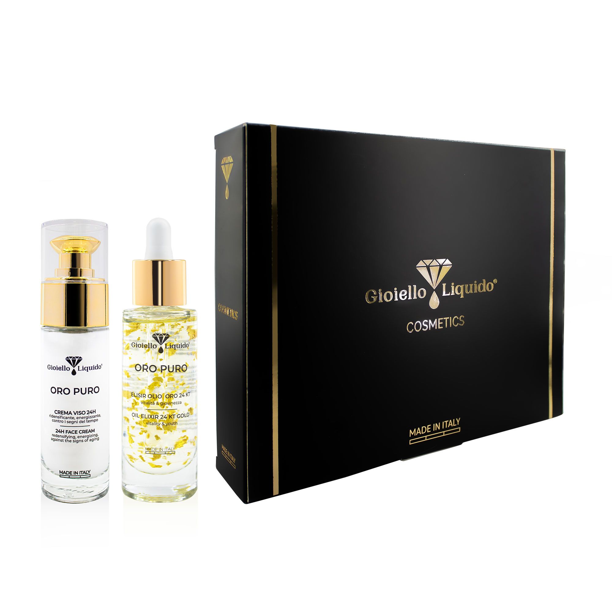 Geschenkbox mit zwei Kosmetikprodukten. Schwarze Box mit Goldakzenten. Zwei Flaschen mit Gold- und Weißinhalt.