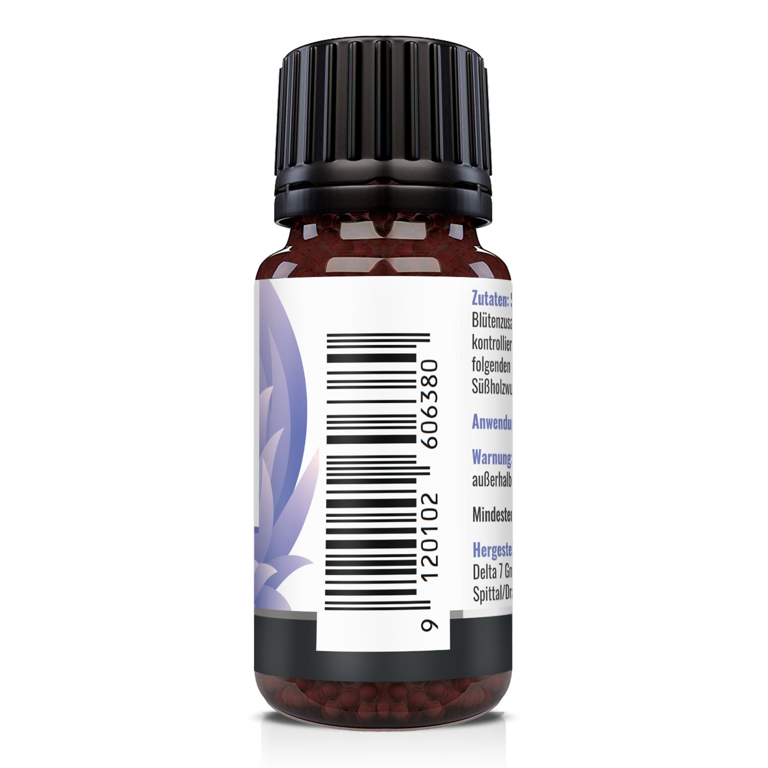 Braune Glasflasche mit schwarzem Deckel. Rückseite mit Barcode und Etikett. Sichtbar: "9 120102 606380".