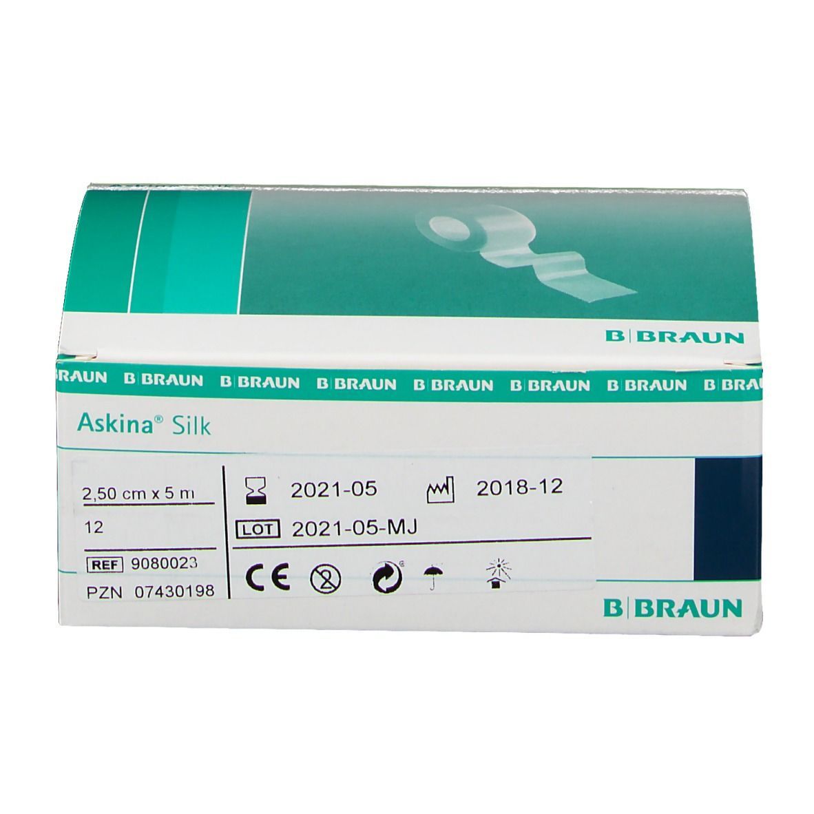 Askina® Silk Verpackung. Grün-weiße Schachtel mit Produktinformationen, Größenangabe und B. Braun Logo.