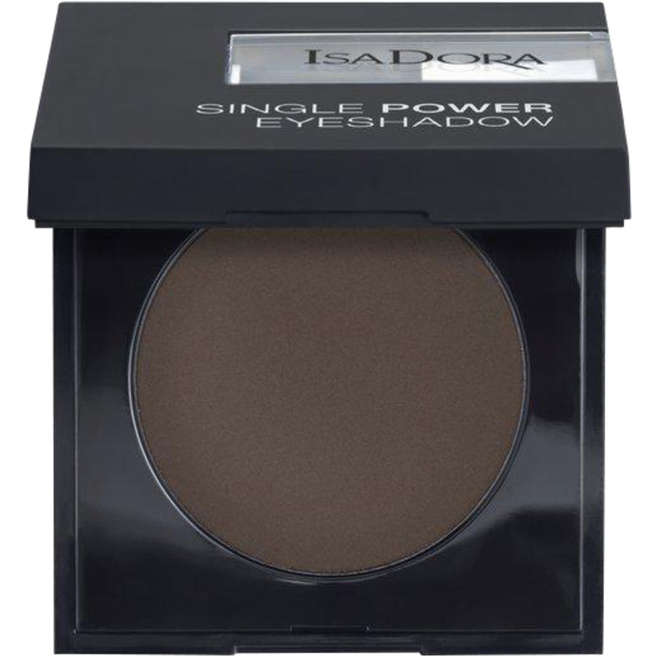 IsaDora Single Power Eyeshadow. Schwarze quadratische Verpackung mit braunem Lidschatten. Markenname und Produktname sichtbar.
