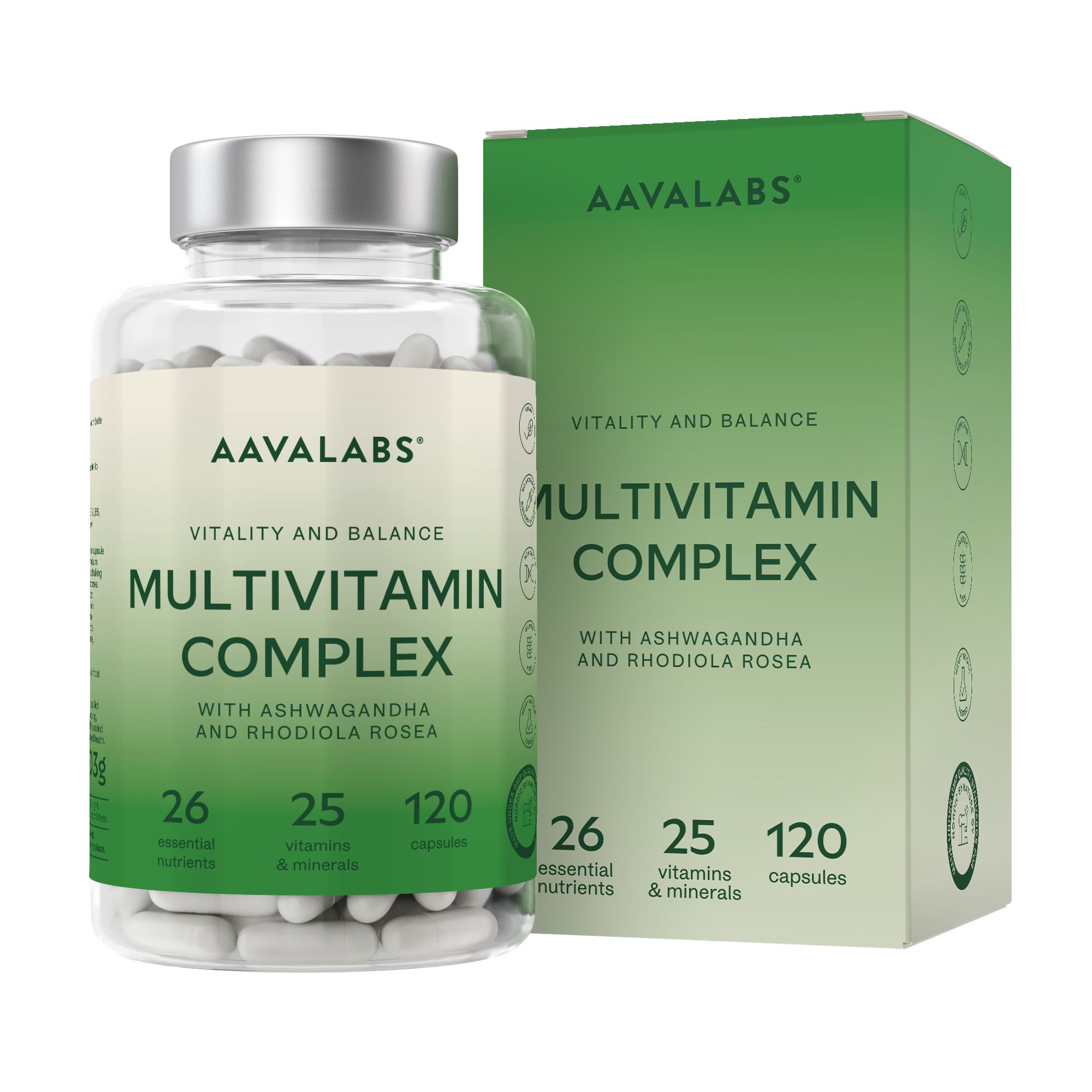 Klarer Behälter mit Kapseln und Karton. Aufschrift: AAVALABS Multivitamin Komplex, 120 Kapseln, 25 Vitamine & Mineralien.