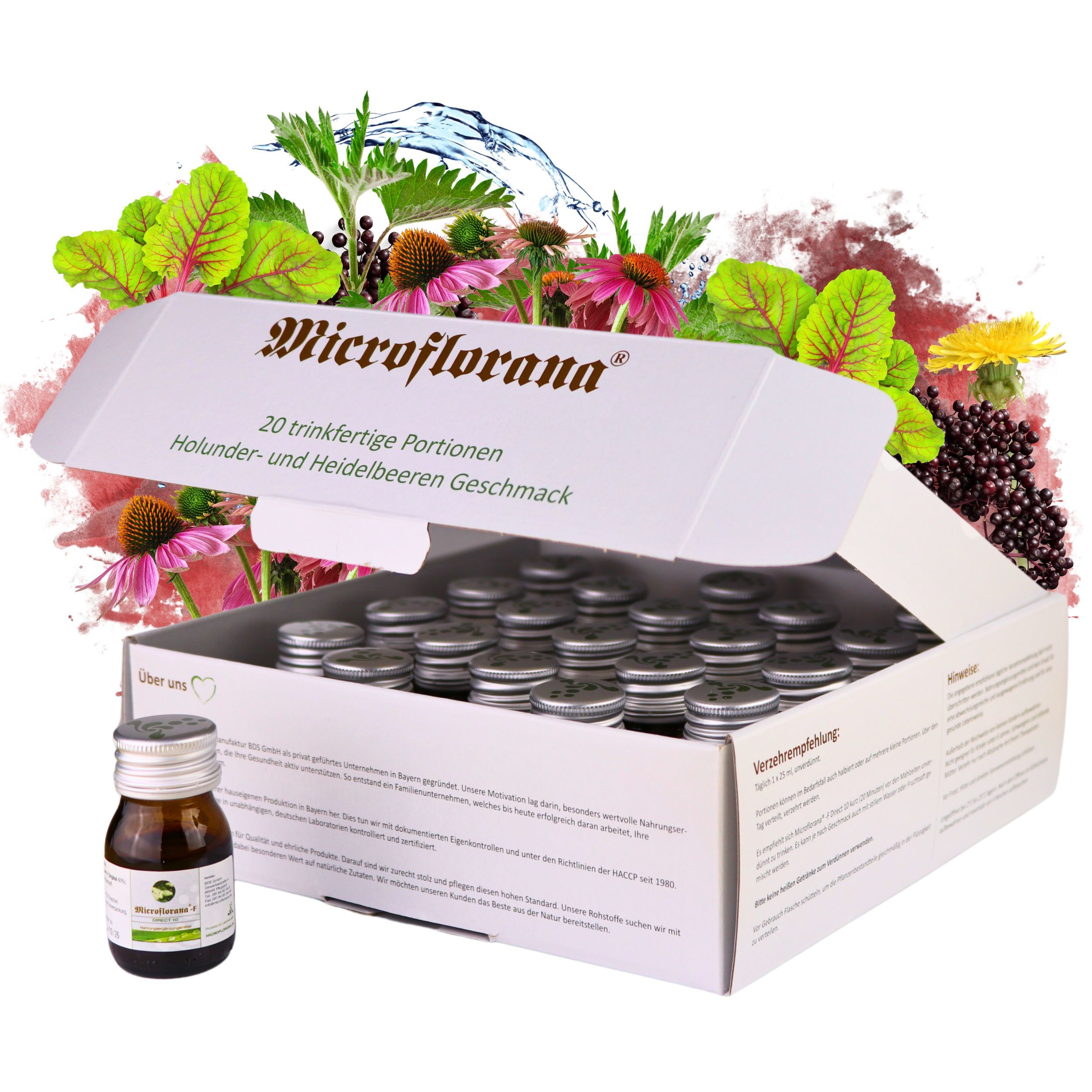 Geöffnete Schachtel mit Fläschchen von Microflorana. Aufschrift: 20 trinkfertige Portionen. Geschmack: Holunder-Heidelbeere.