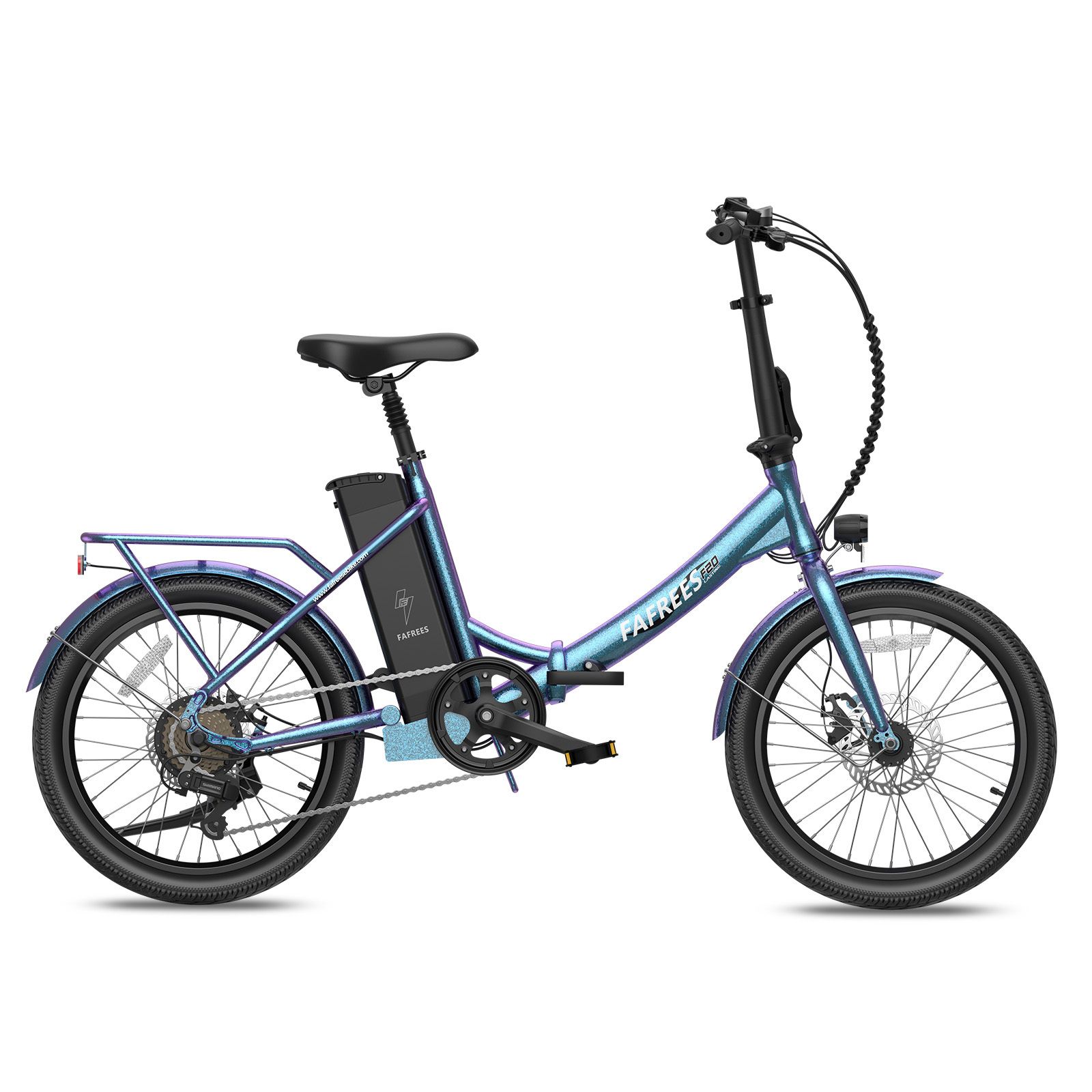 Blaues Fafrees F20 E-Bike. Klapprahmen, Gepäckträger, Scheibenbremsen, Akku am Rahmen. Schwarze Reifen und Sattel.
