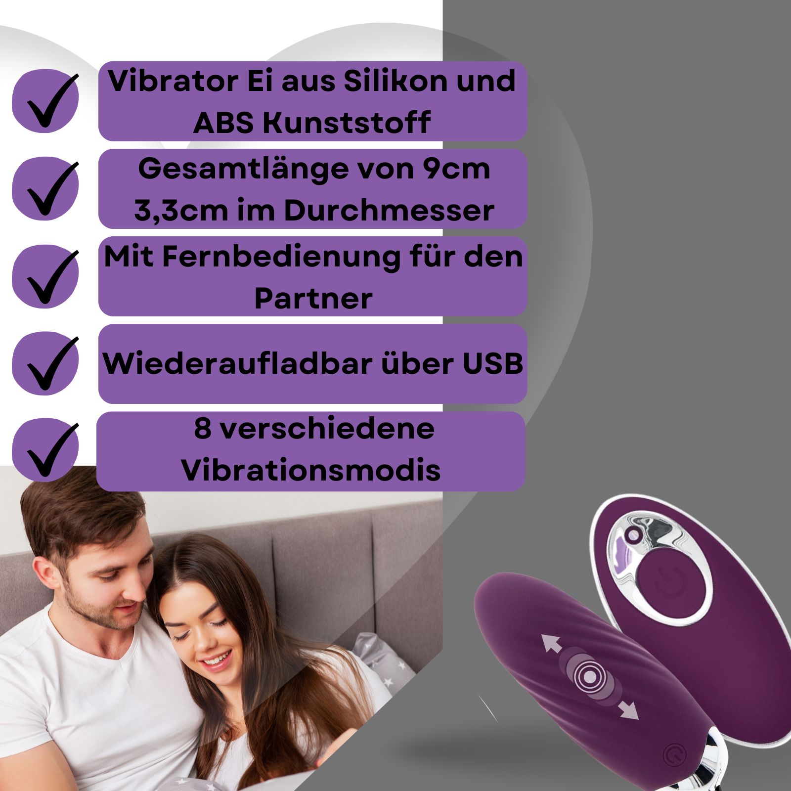 Lila Ei-Vibrator, 9 cm lang, 3,3 cm Durchmesser. Auf weißem Podest. Grauer Hintergrund.