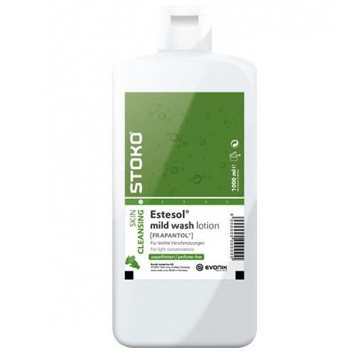 Weiße Flasche mit grünem Etikett. Aufschrift: Estesol mild wash lotion. Marke: Stoko. 1000 ml.