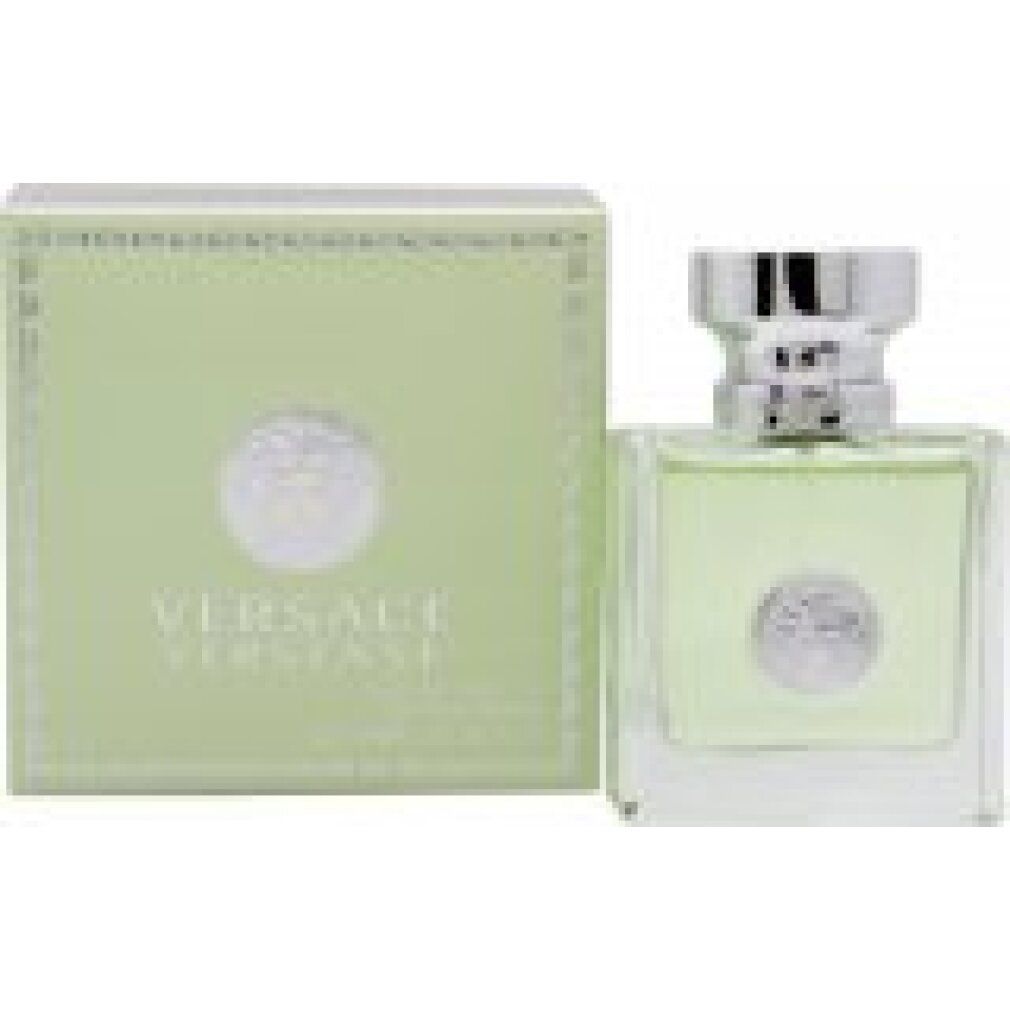 Versace Versense Flasche und Verpackung. Grünliche Flasche und Schachtel mit Medusa-Logo.