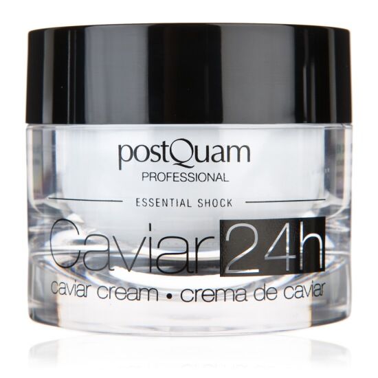 Runder Cremetiegel mit schwarzem Deckel. Aufschrift: Caviar 24h, Caviar Cream, Postquam Professional, Essential Shock.