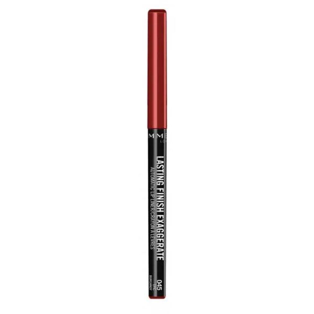 Roter Lipliner. Aufschrift: Lasting Finish Exaggerate, 045. Automatischer Lipliner.