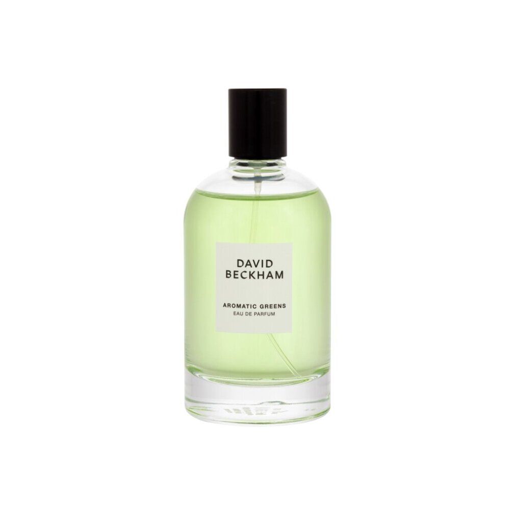 Glasflakon mit grünem Eau de Parfum und schwarzem Verschluss. Etikett mit 'DAVID BECKHAM AROMATIC GREENS'.