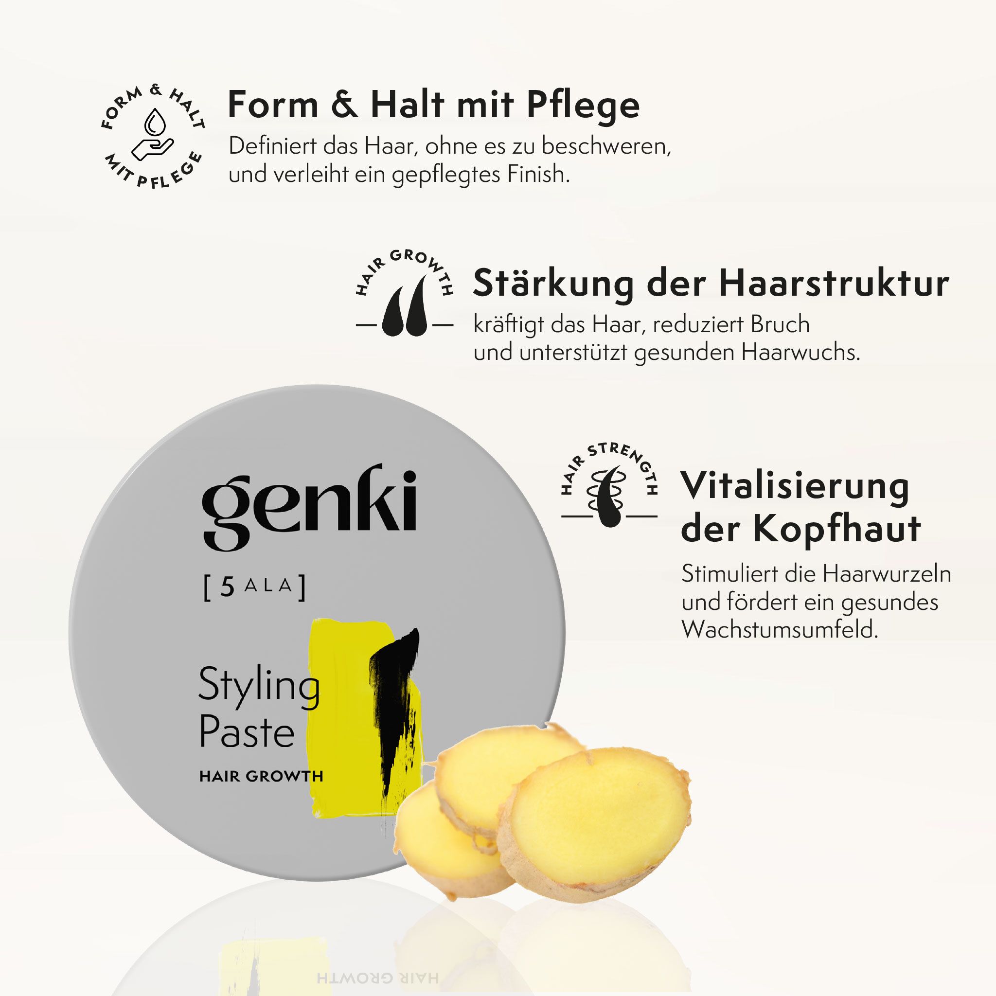 Genki Styling Paste-Tiegel. Grau mit schwarzem Deckel und gelbem Akzent. Text: Styling Paste, Hair Growth. Infografiken.