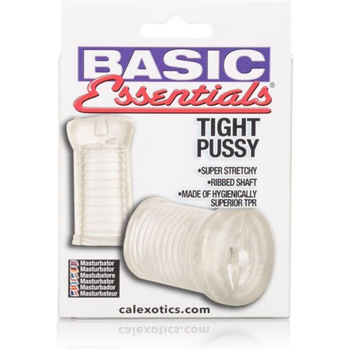 Verpackung mit Masturbator. Aufschrift: BASIC Essentials, TIGHT PUSSY, SUPER STRETCHY, RIBBED SHAFT, SUPERIOR TPR. Marke: Calexotics.