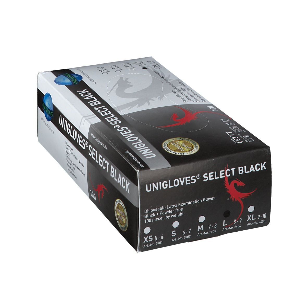 Handschuhbox, schwarz. Aufschrift: UNIGLOVES® SELECT BLACK. Größen: XS-XL. 100 Stück.