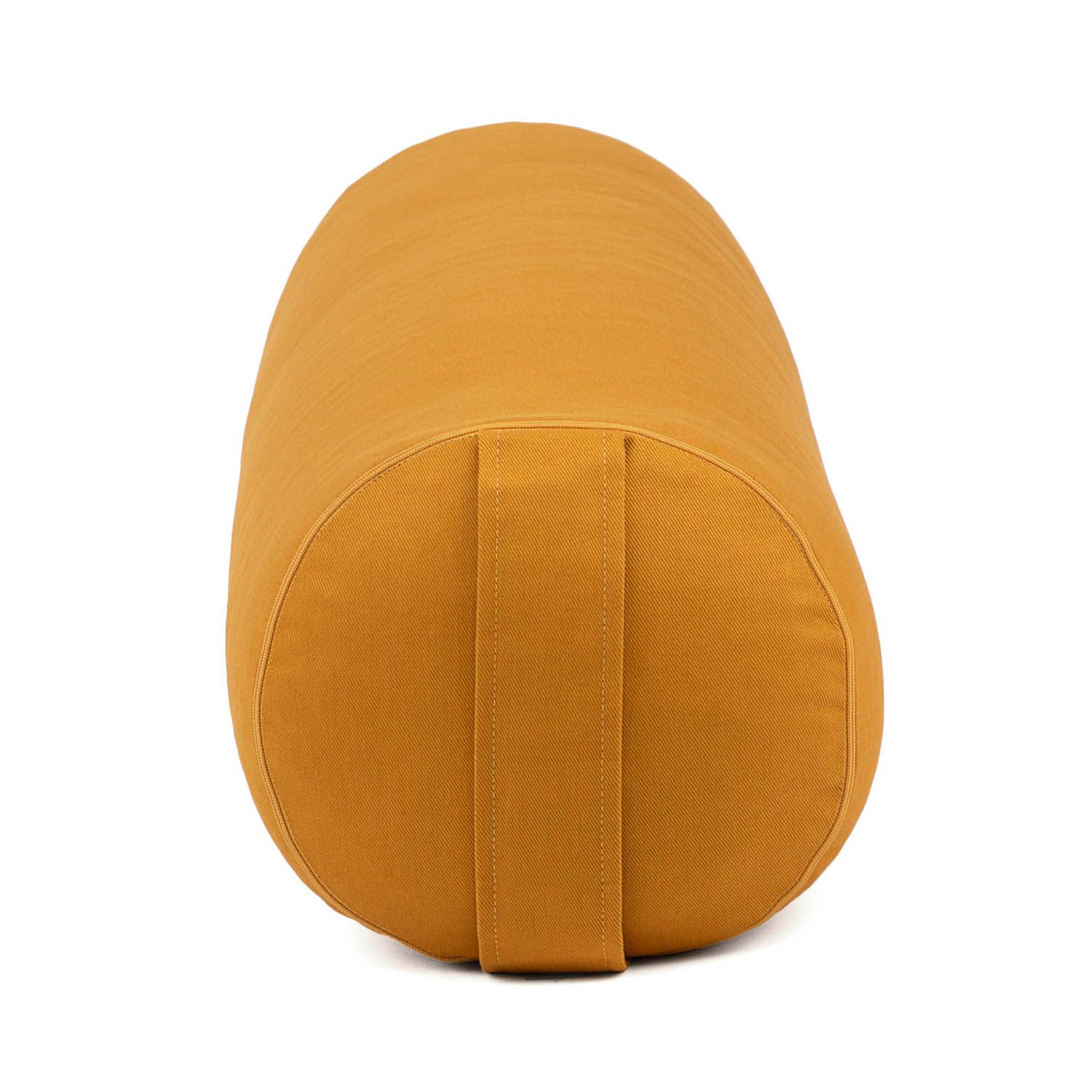 Gelbes Yoga-Bolster, zylindrisch. Mit Trageschlaufe an der Seite.