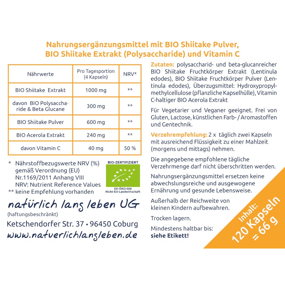 natürlich lang leben BIO Shiitake Extrakt + Pulver 66 g Kapseln