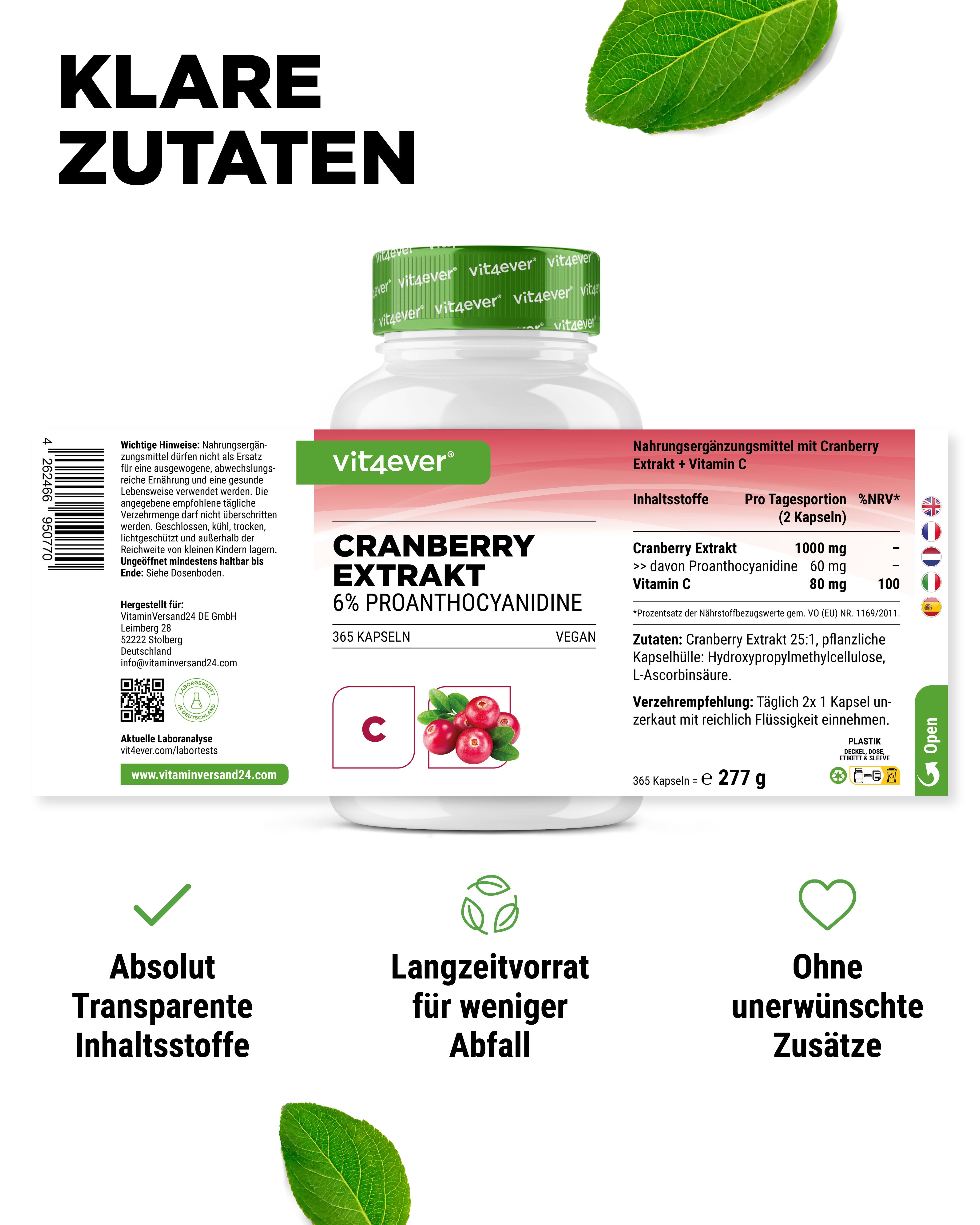 Weißes Pillenbehälter mit roter Aufschrift. Enthält Cranberry-Extrakt und Vitamin C. Aufschrift: Cranberry Extrakt, 365 Kapseln. Vegan.