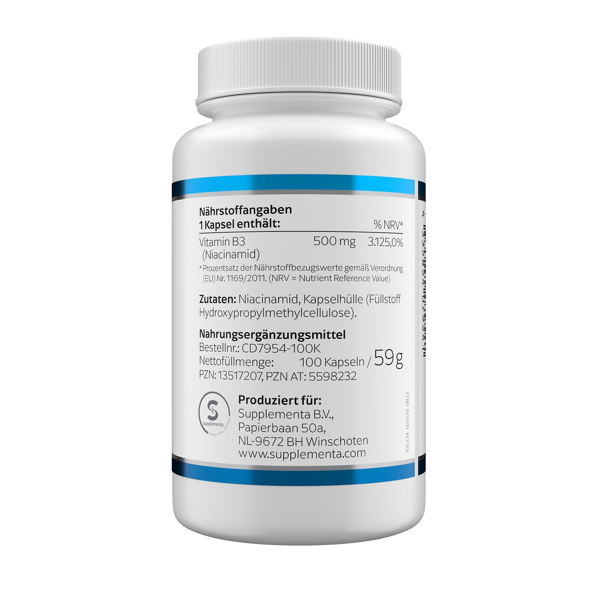 Rückseite einer weißen Kapsel-Flasche mit Niacinamid 500 mg, Klean Labs, Nährwertangaben.