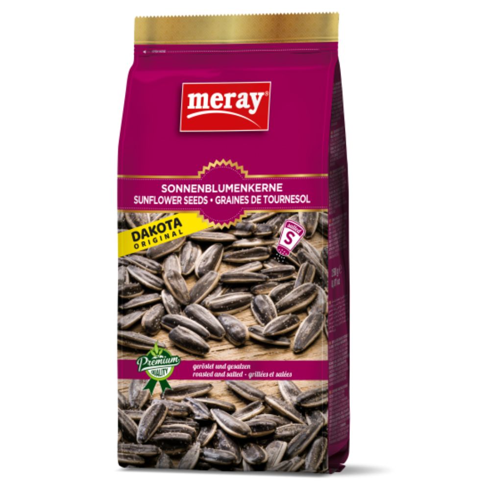 Verpackung Sonnenblumenkerne. Marke: meray. Text: Sonnenblumenkerne, Dakota Original, geröstet und gesalzen. Premium-Siegel.
