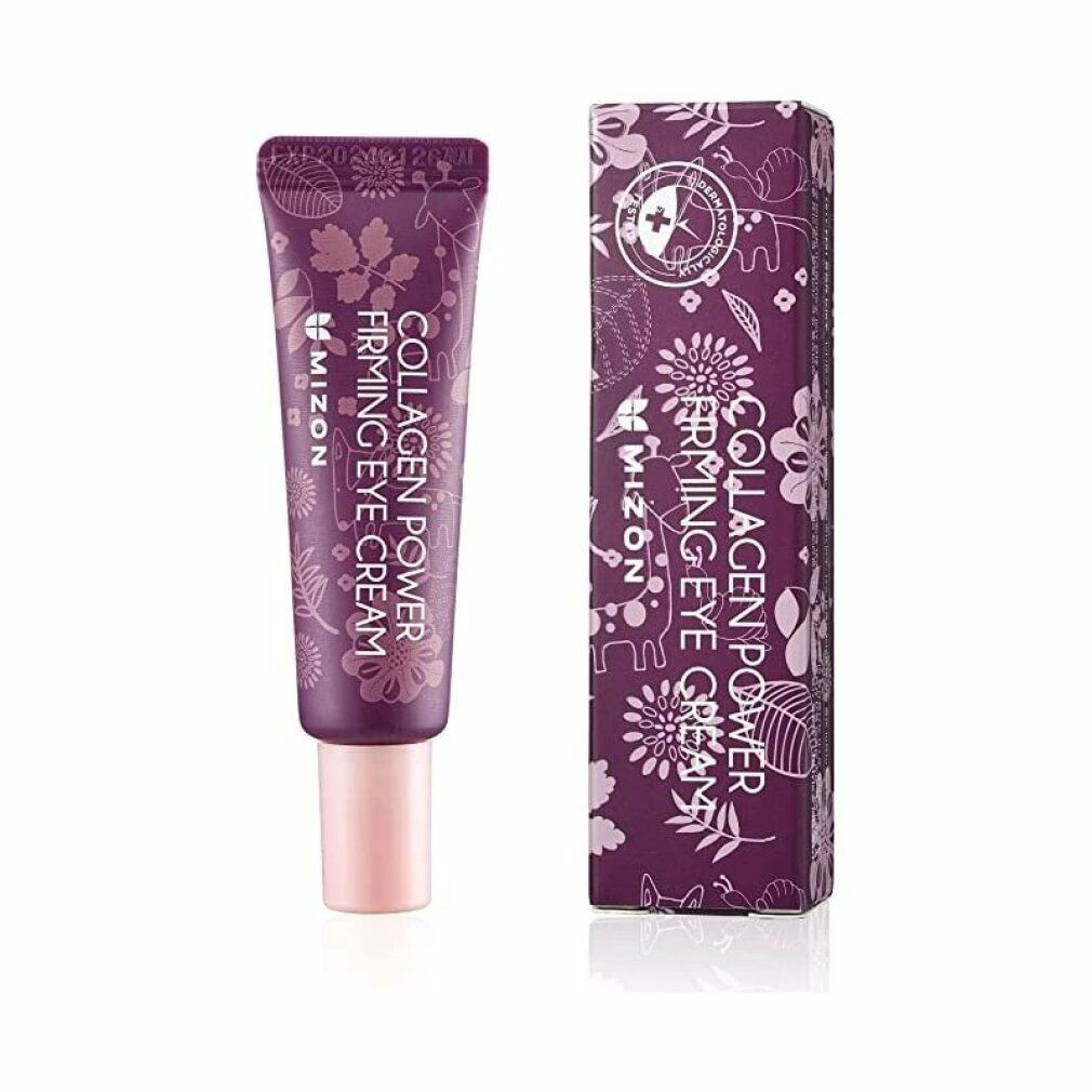 Lila Tube MIZON Collagen Power Firming Eye Cream und Verpackung. Floralmuster. Rosa Kappe. Text: Collagen Power Firming Eye Cream.