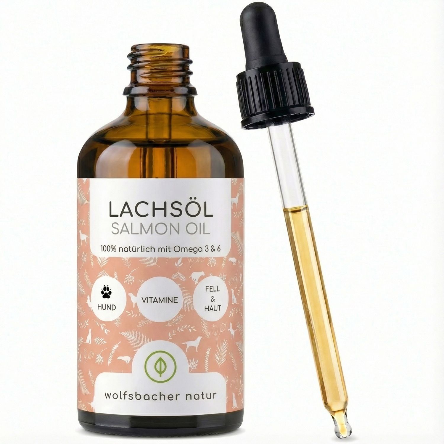 Braune Glasflasche mit Etikett und Pipette. Aufschrift: Lachsöl, Salmon Oil. Enthält Omega 3 & 6. Mit Hundepfote, Vitamin- und Fell-Symbol.
