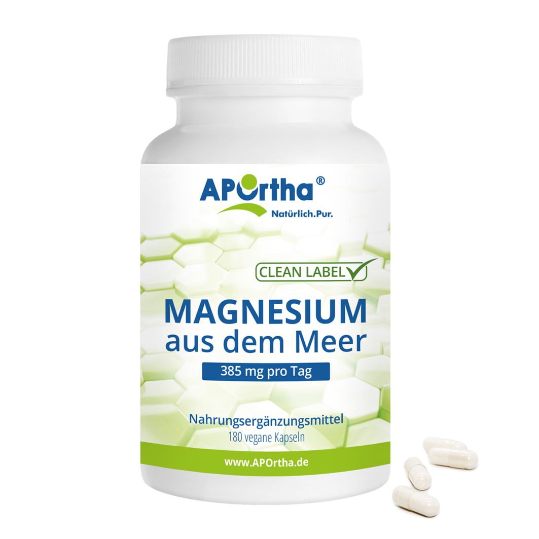 Weiße Flasche mit APOrtha® Magnesiumoxid Kapseln. Aufschrift: Magnesium aus dem Meer, 180 vegane Kapseln. 3 Kapseln daneben.