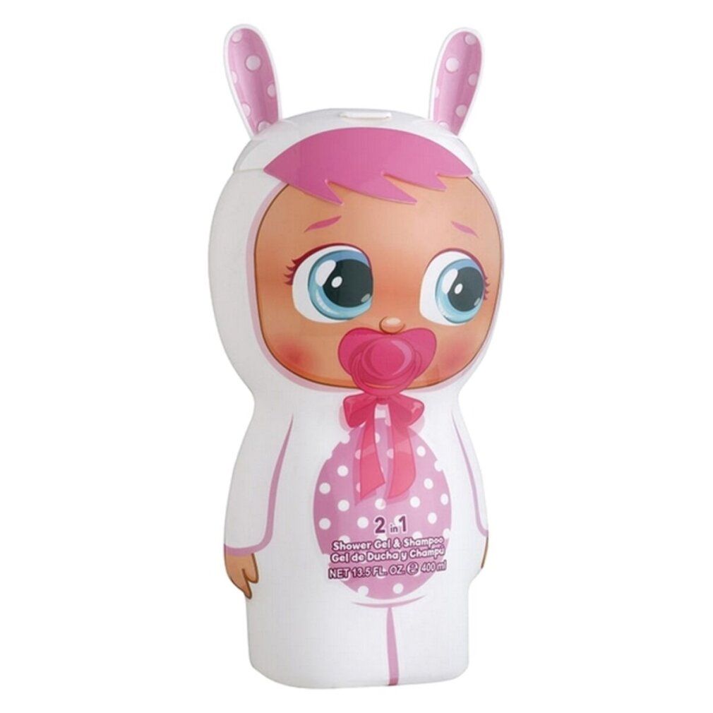 Baby-Duschgel-Flasche in Form eines Babys in Hasenkostüm. Rosa Schleife, Schnuller. Aufschrift: 2-in-1 Shower Gel & Shampoo.