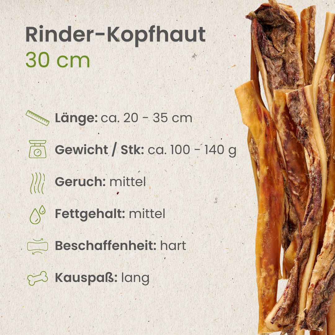 Rinderkopfhautstreifen, 30 cm lang, hart, mit mittlerem Geruch und Fettgehalt.