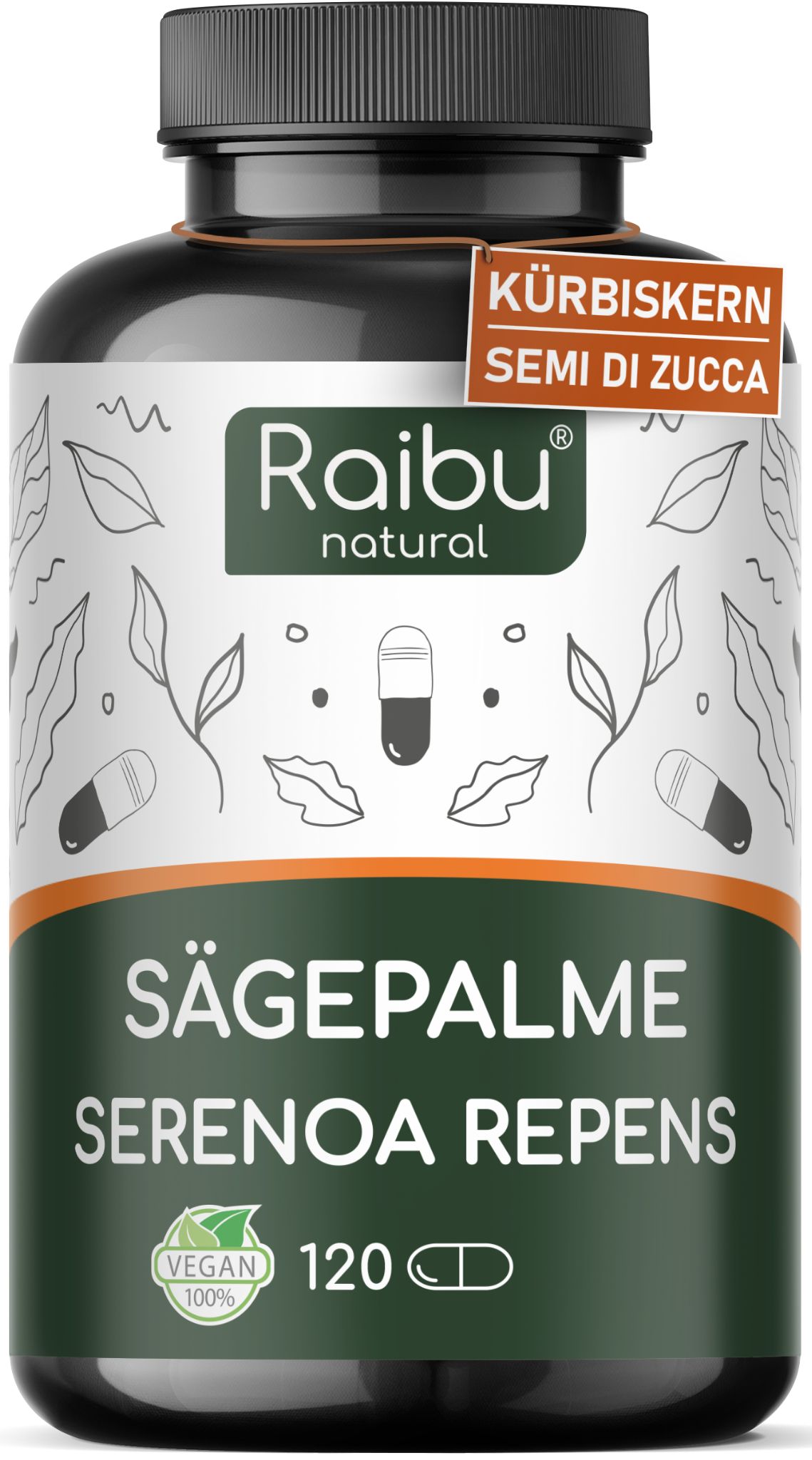 Serenoa Repens 550 mg con Semi di Zucca e 5% Fitosteroli, Vegana e Testata in Laboratorio - RAIBU
