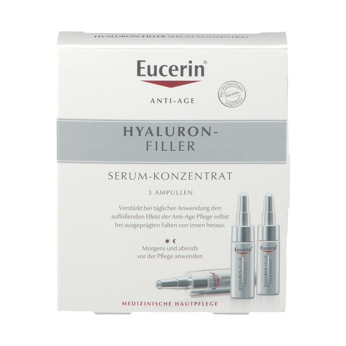 Weiße Schachtel mit Eucerin-Logo und Produktnamen. Enthält drei Ampullen Hyaluron-Filler Serum-Konzentrat.