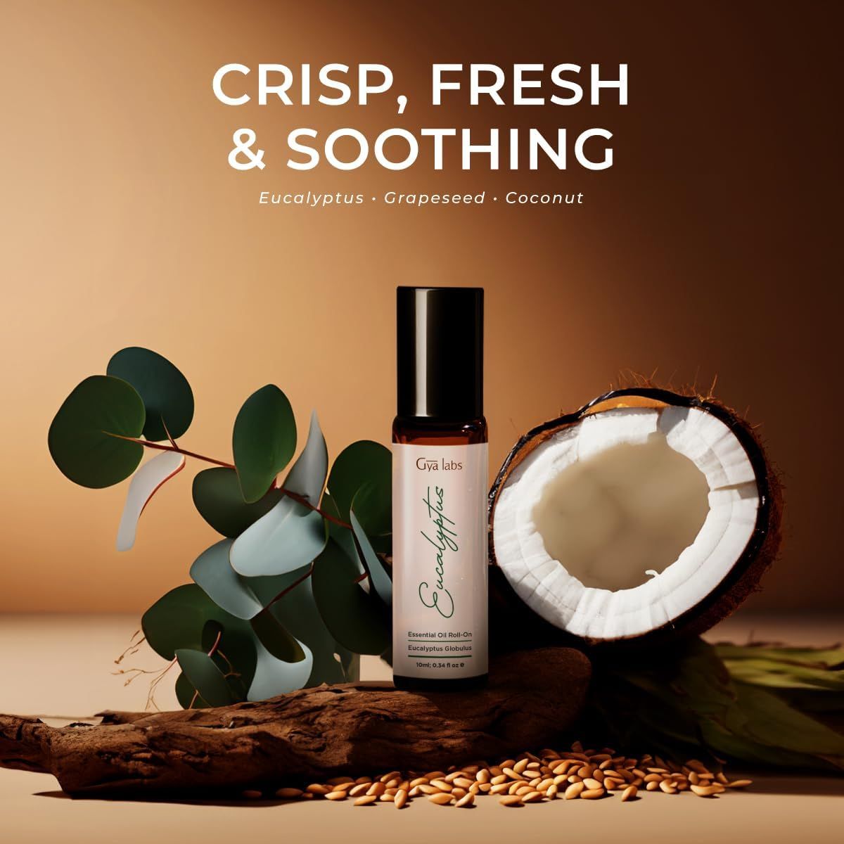 Roll-on-Flasche mit schwarzem Deckel, neben Eukalyptus-Zweig, Kokosnuss und Holz. Text: "Gya Labs Eucalyptus".