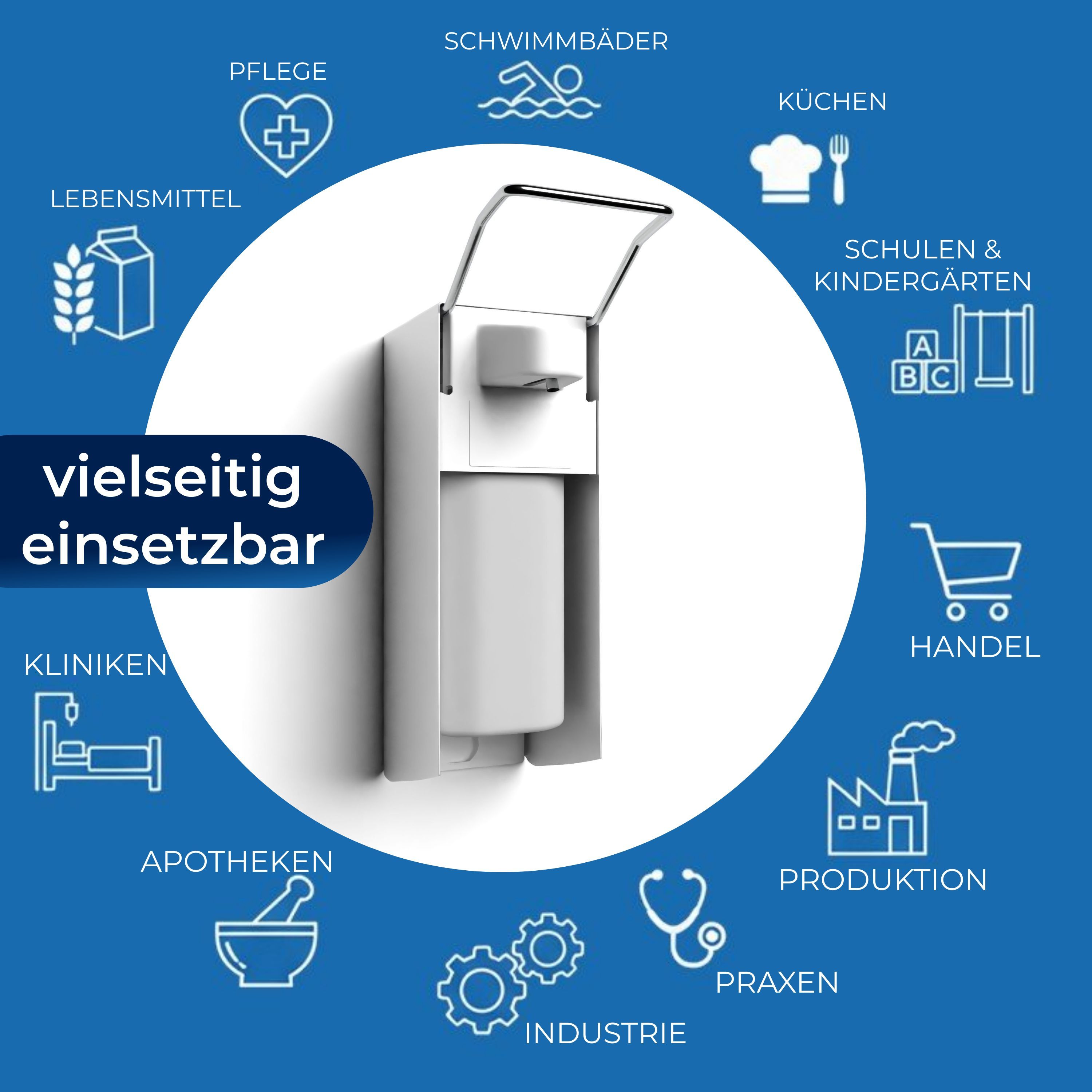 Weißer Wandspender mit Hebel. Um den Spender herum befinden sich Icons, die verschiedene Einsatzorte darstellen.