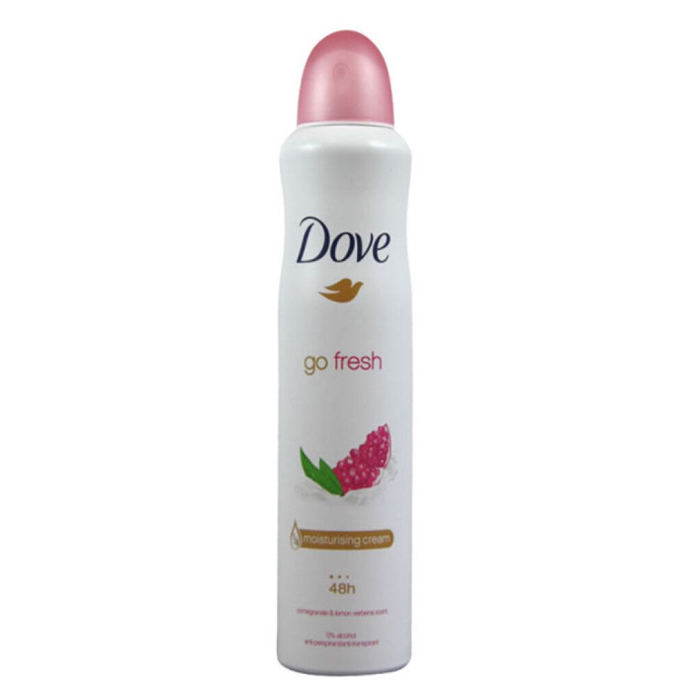 Weißes Deodorant mit rosa Kappe. Aufschrift Dove, go fresh und Abbildung einer Frucht. 48h Schutz.
