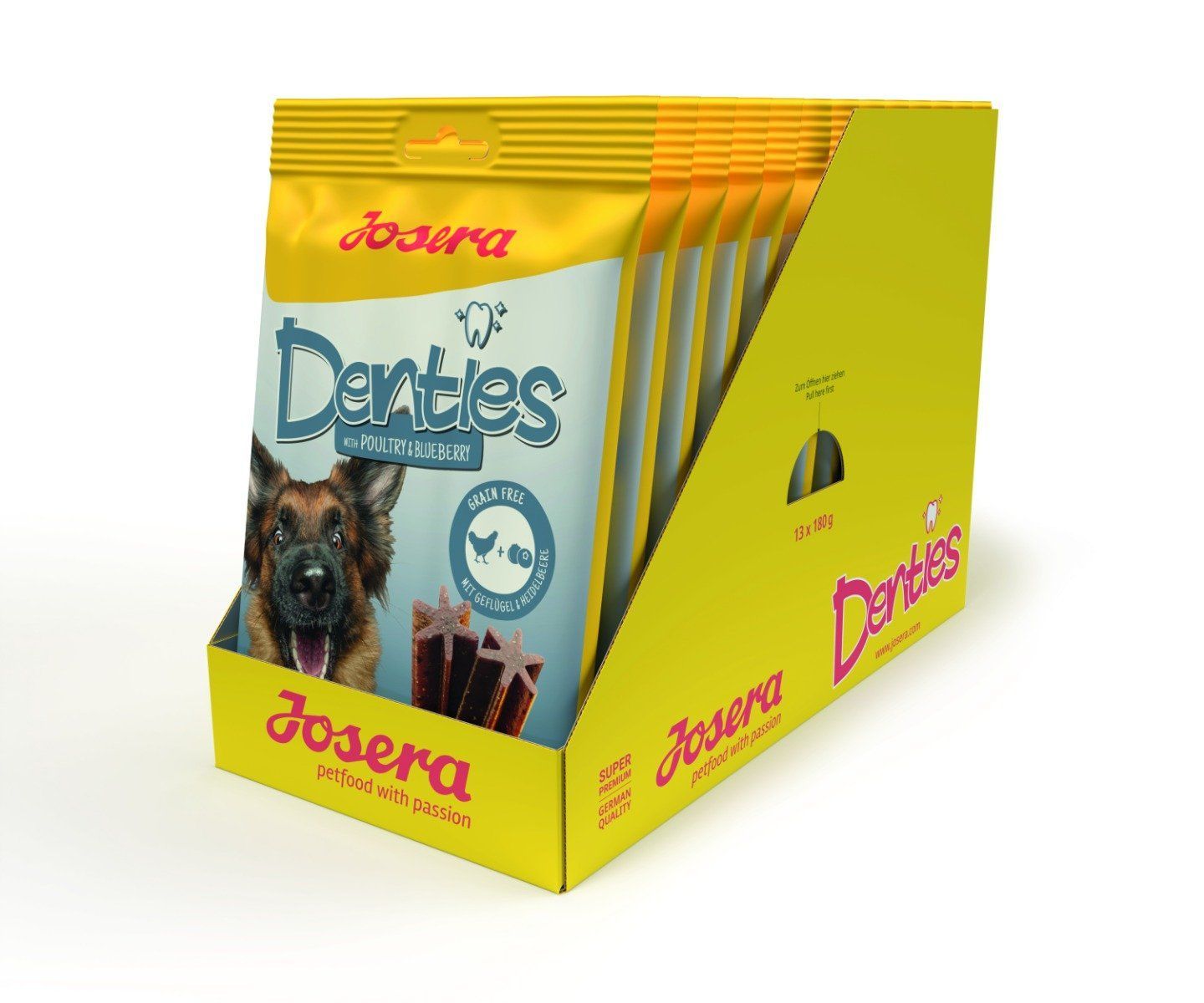 Thekenaufsteller mit JOSERA Denties. Mehrere Packungen. Produktname und Logo sichtbar.