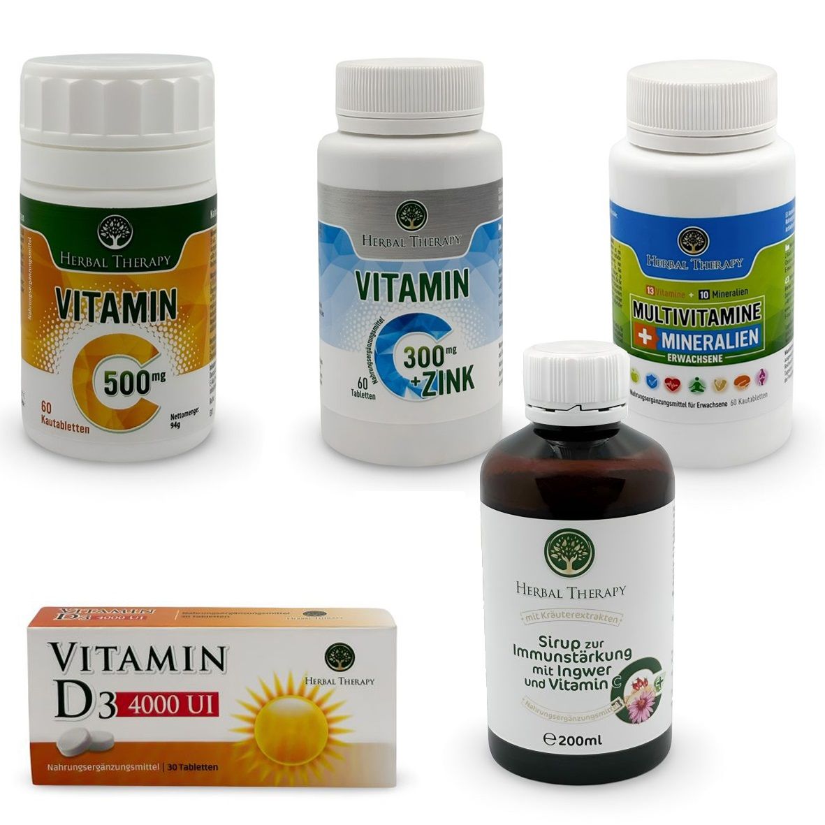 Mehrere Vitaminpräparate. Tabletten in weißen Flaschen und einer Schachtel. Eine braune Flüssigkeit in einer Flasche.