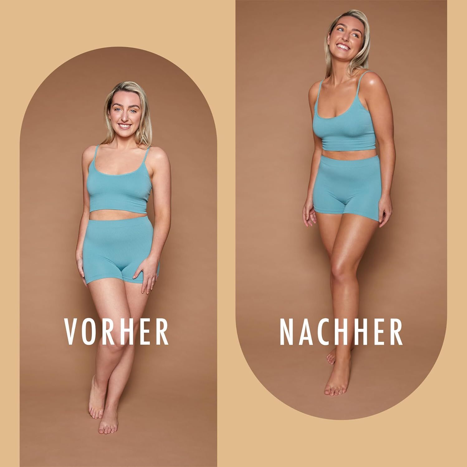 Vorher-Nachher-Vergleich. Frau in blauem Sport-Outfit. Links: Vorher. Rechts: Nachher, mit gebräunter Haut.