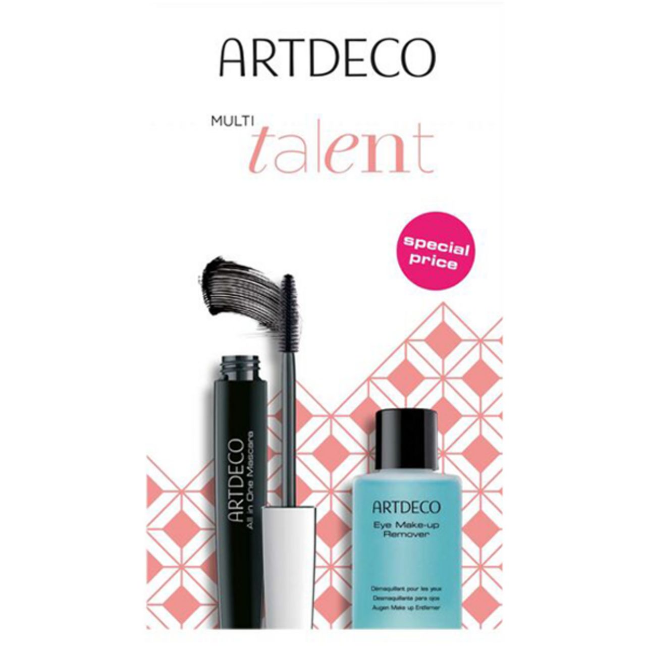 Artdeco All in One Mascara & Remover Set. Schwarze Mascara-Tube, Mascara-Bürste, blaue Flasche Eye Make-up Remover. Pinker Kreis: special price.