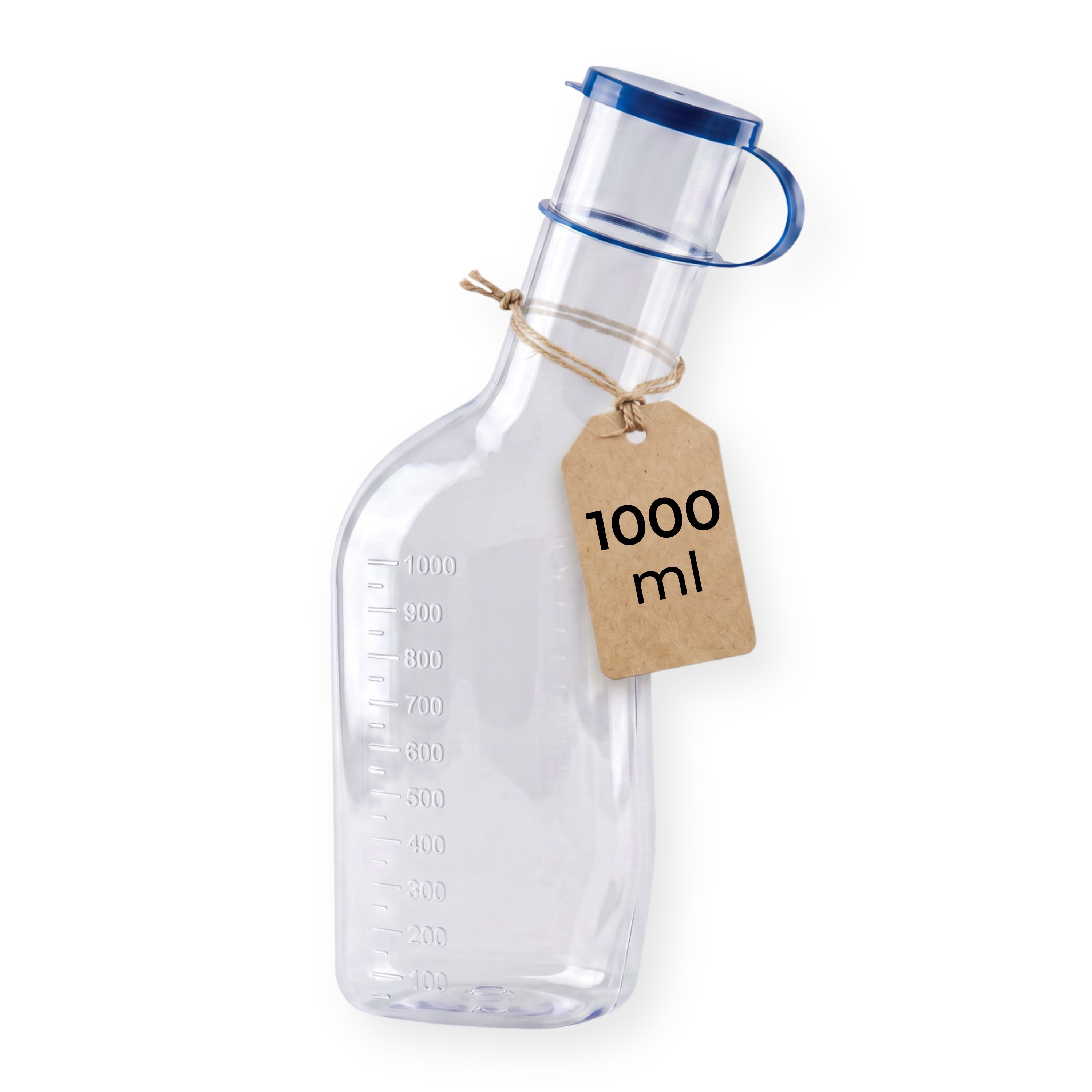 Klare Urinflasche mit blauer Kappe und Messskala, Anhänger mit 1000 ml Angabe.