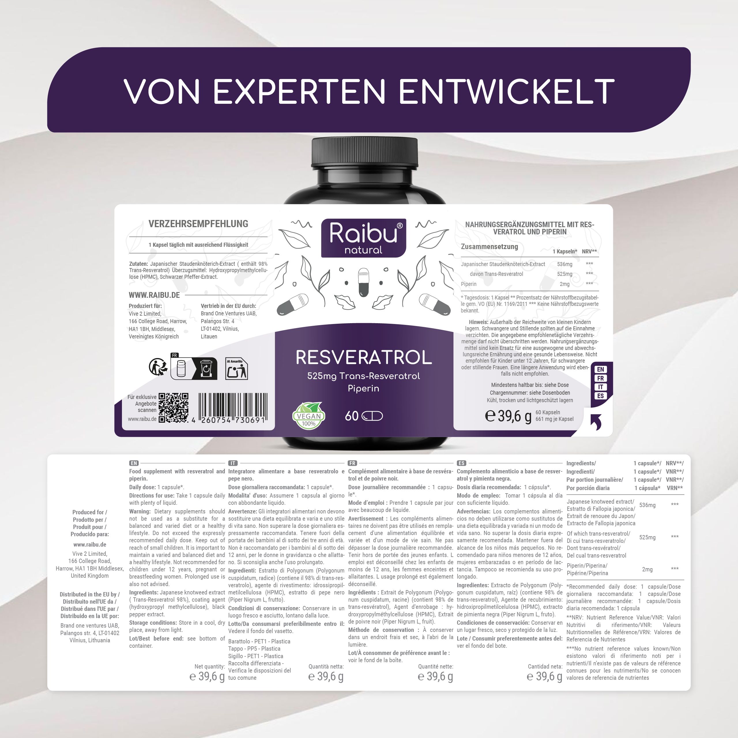 Produktetikett mit Informationen. Text: Resveratrol, 525mg Trans-Resveratrol, 60 Kapseln.