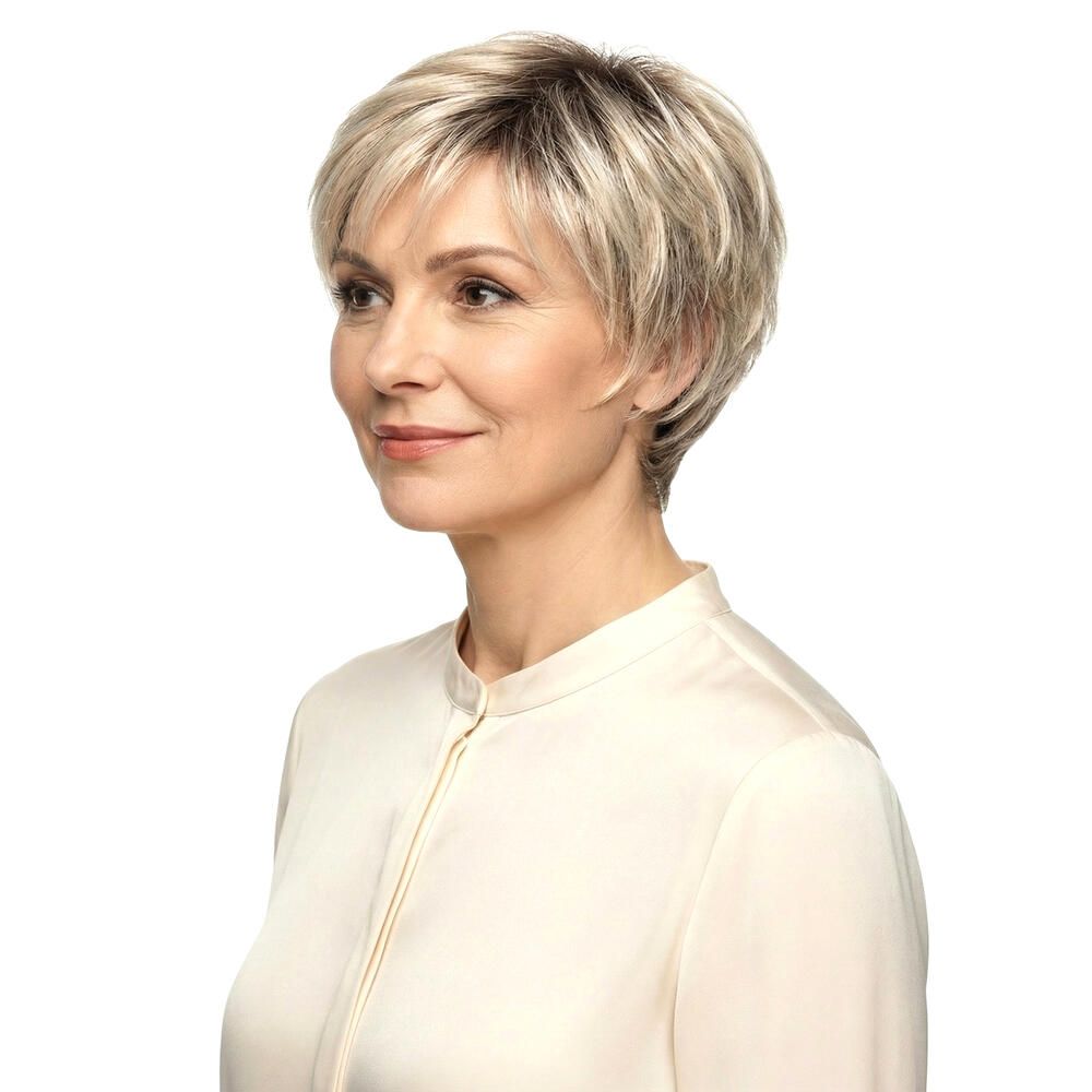 Kurzhaarperücke, blondiert, mit Pony. Frau mit Perücke, Seitenansicht. Helles Oberteil.